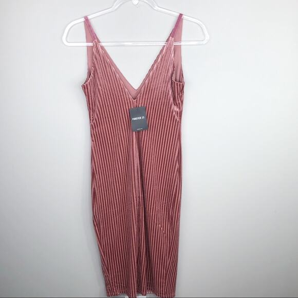 Forever 21 Rose Pink Velvet Ribbed V-Neck Dress Medium Sexy Going Out - Picture 3 of 8